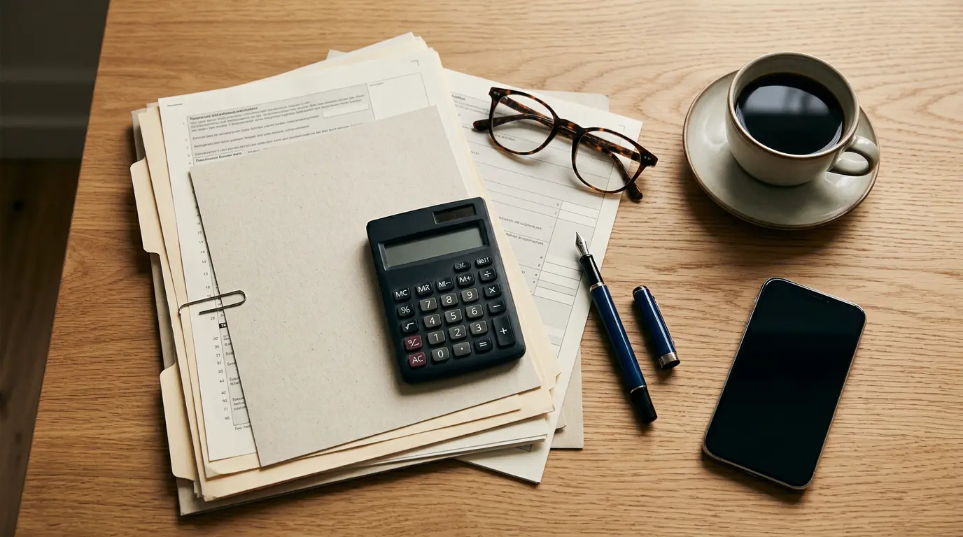 Birou cu documente fiscale germane, calculator și pix, pregătite pentru dosar