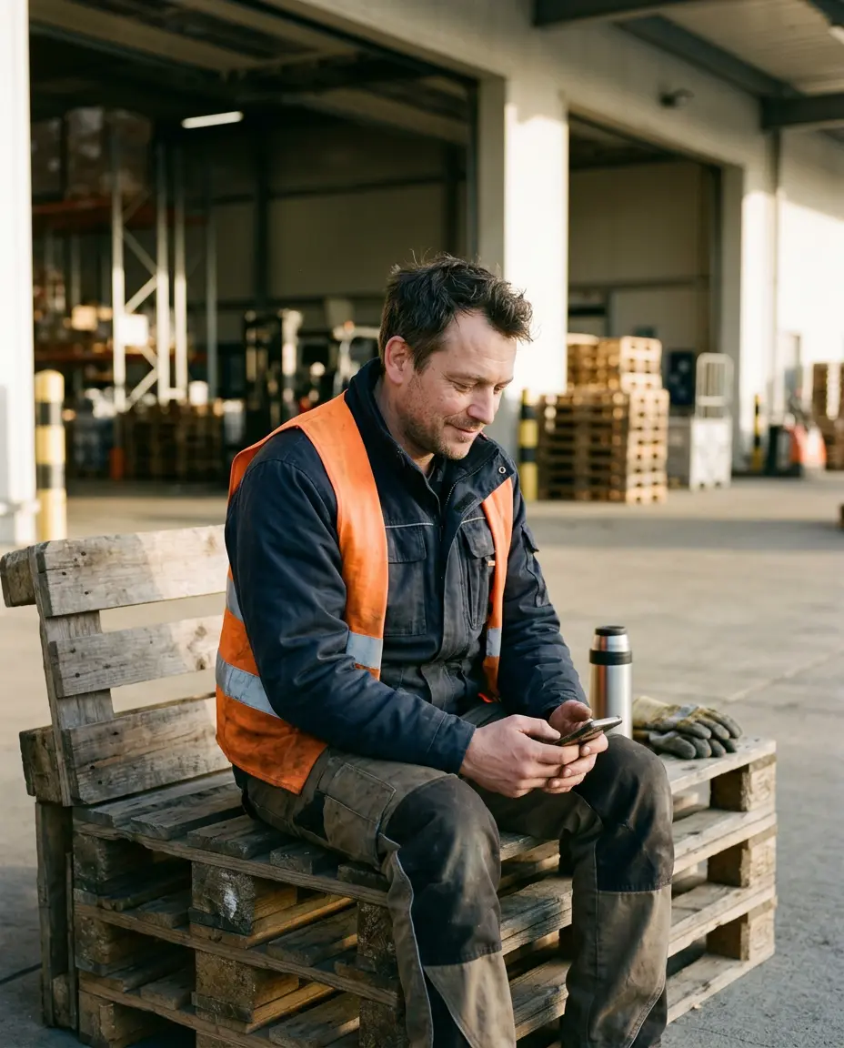 Bărbat în vestă de protecție, în pauză la depozit, care citește un mesaj pe telefon